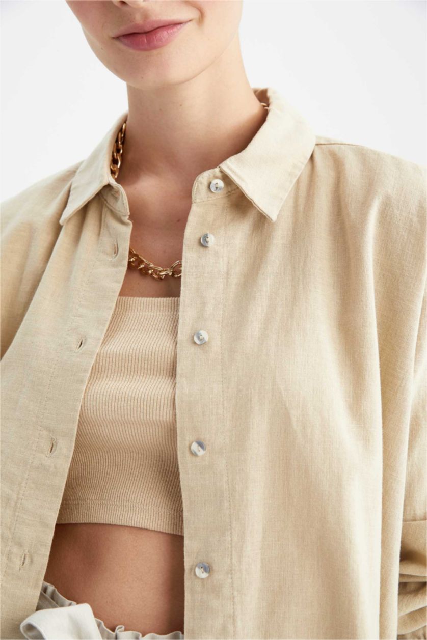 نساء اللون الرملي تونيك قميص بأكمام طويلة اوفر سايز