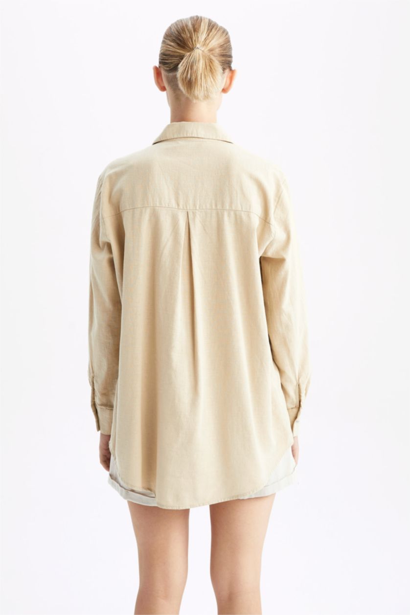 نساء اللون الرملي تونيك قميص بأكمام طويلة اوفر سايز