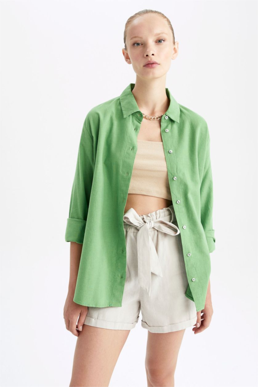 WOMAN Green Oversize Fit Shirt Collar Linen Blended Long Sleeve Tunic