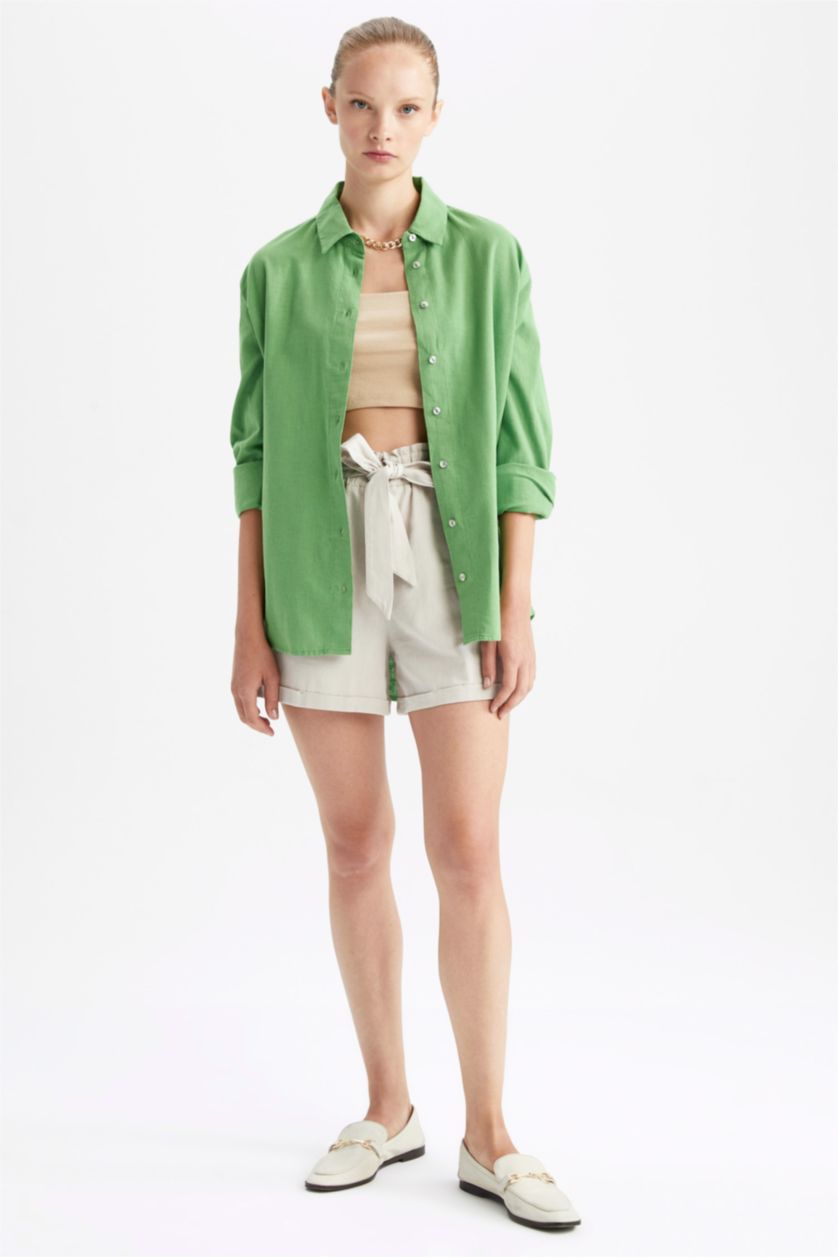 WOMAN Green Oversize Fit Shirt Collar Linen Blended Long Sleeve Tunic