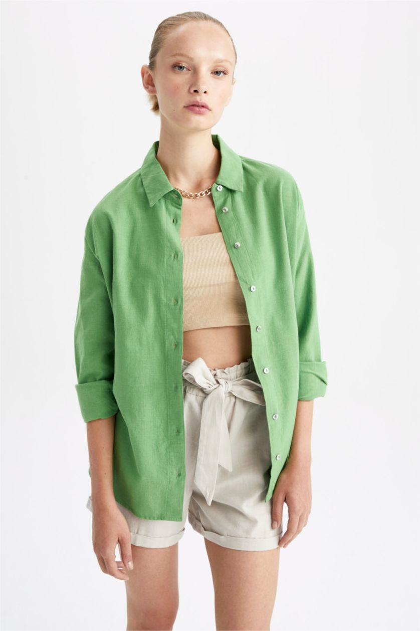 WOMAN Green Oversize Fit Shirt Collar Linen Blended Long Sleeve Tunic