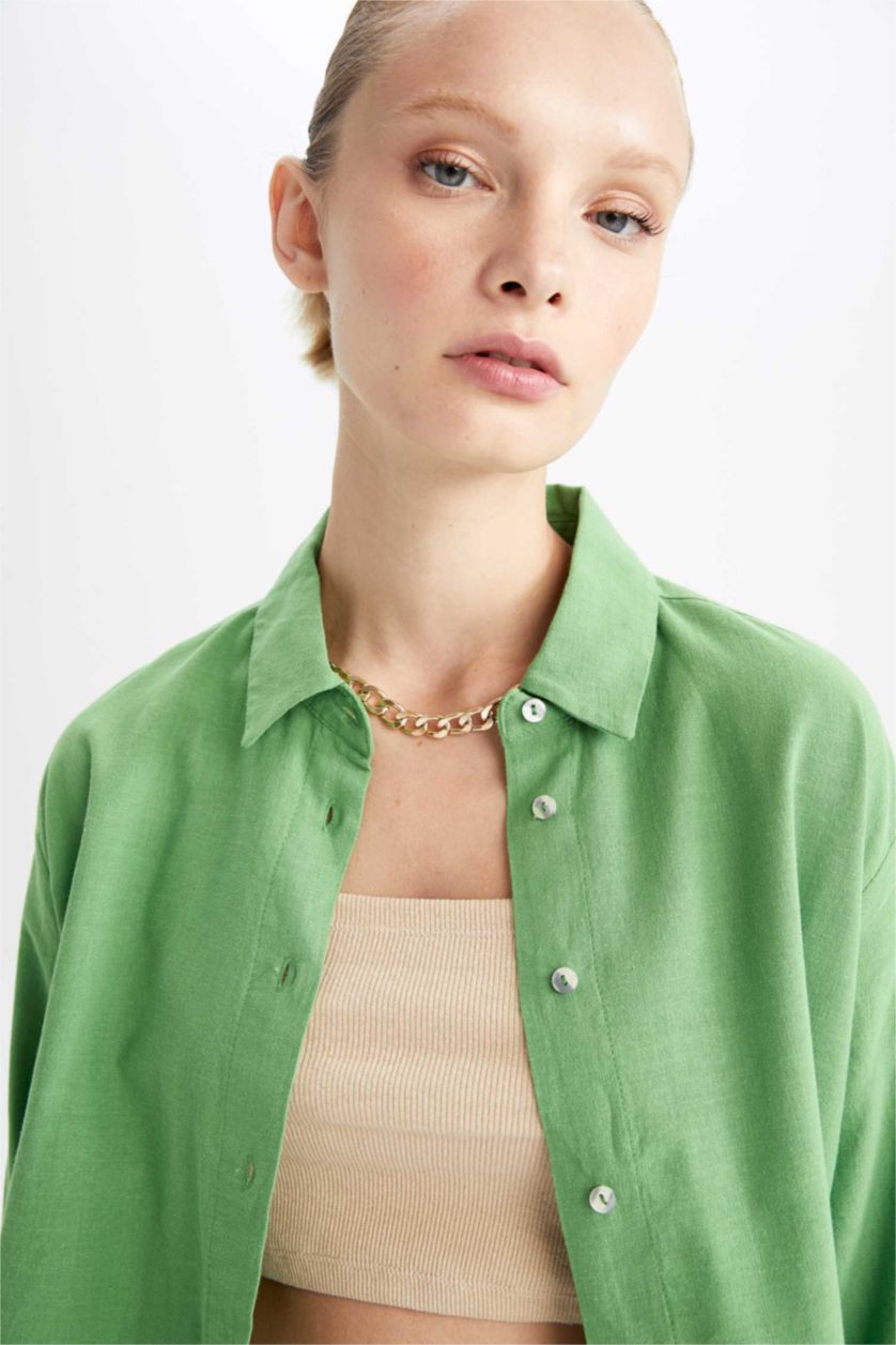 WOMAN Green Oversize Fit Shirt Collar Linen Blended Long Sleeve Tunic