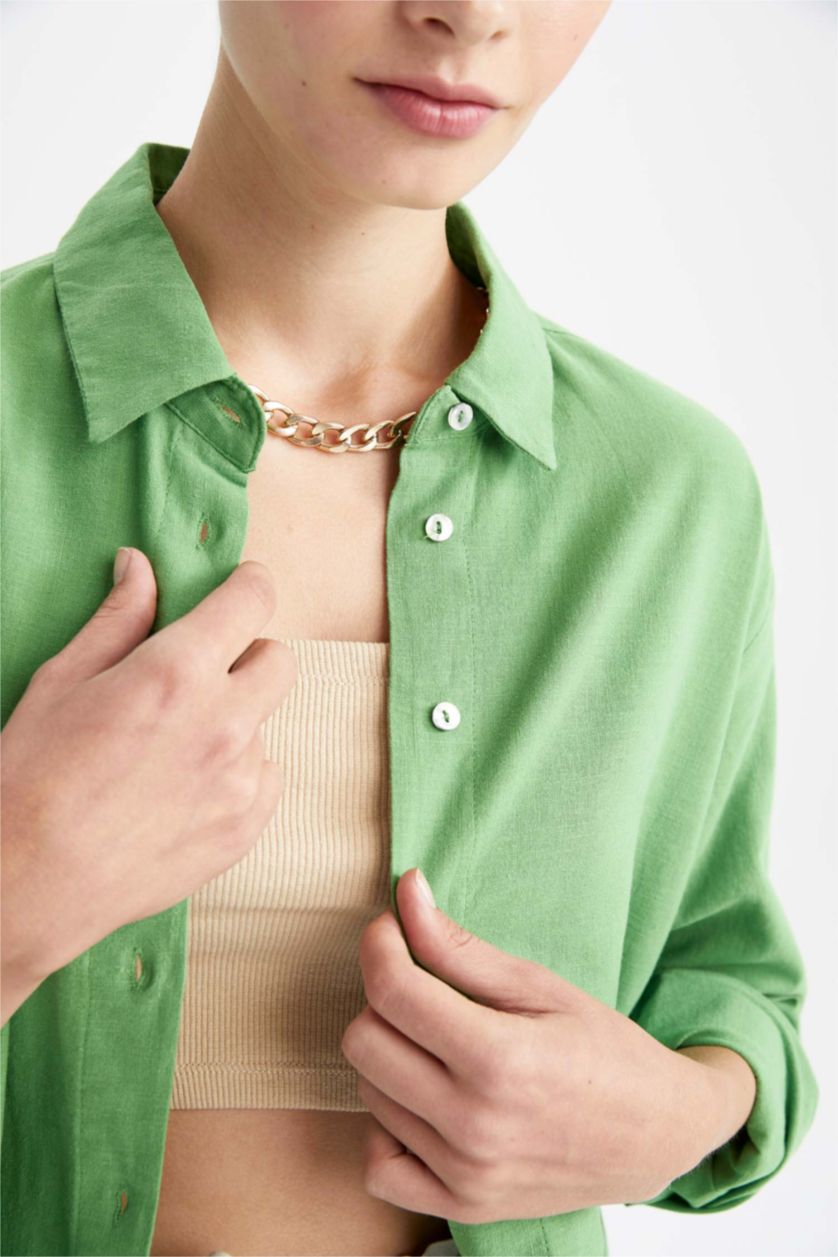 WOMAN Green Oversize Fit Shirt Collar Linen Blended Long Sleeve Tunic