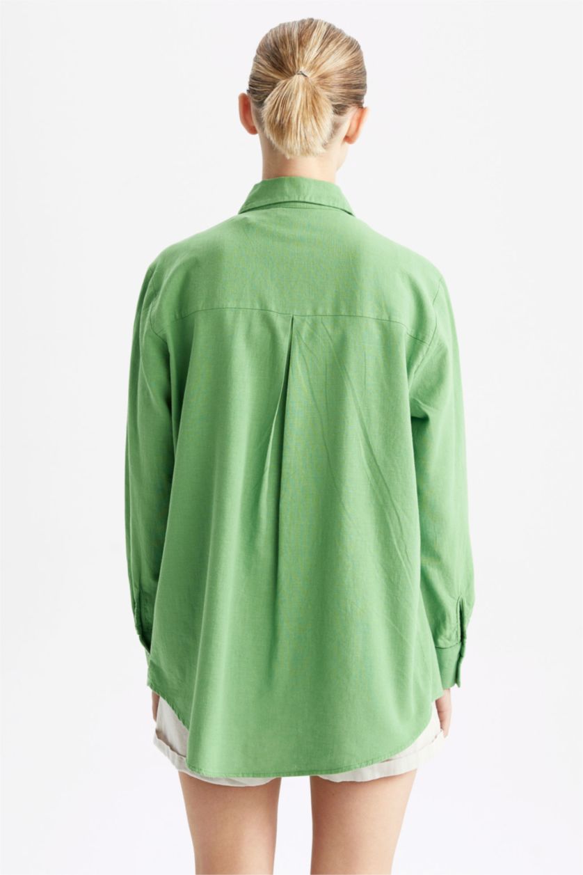 WOMAN Green Oversize Fit Shirt Collar Linen Blended Long Sleeve Tunic