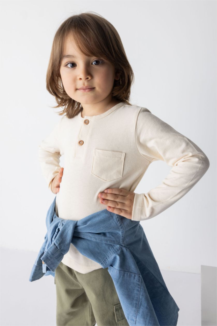 مولود ذكر حجري فاتح تيشيرت كم طويل قماش رقيق قصة عادية برقبة مستديرة