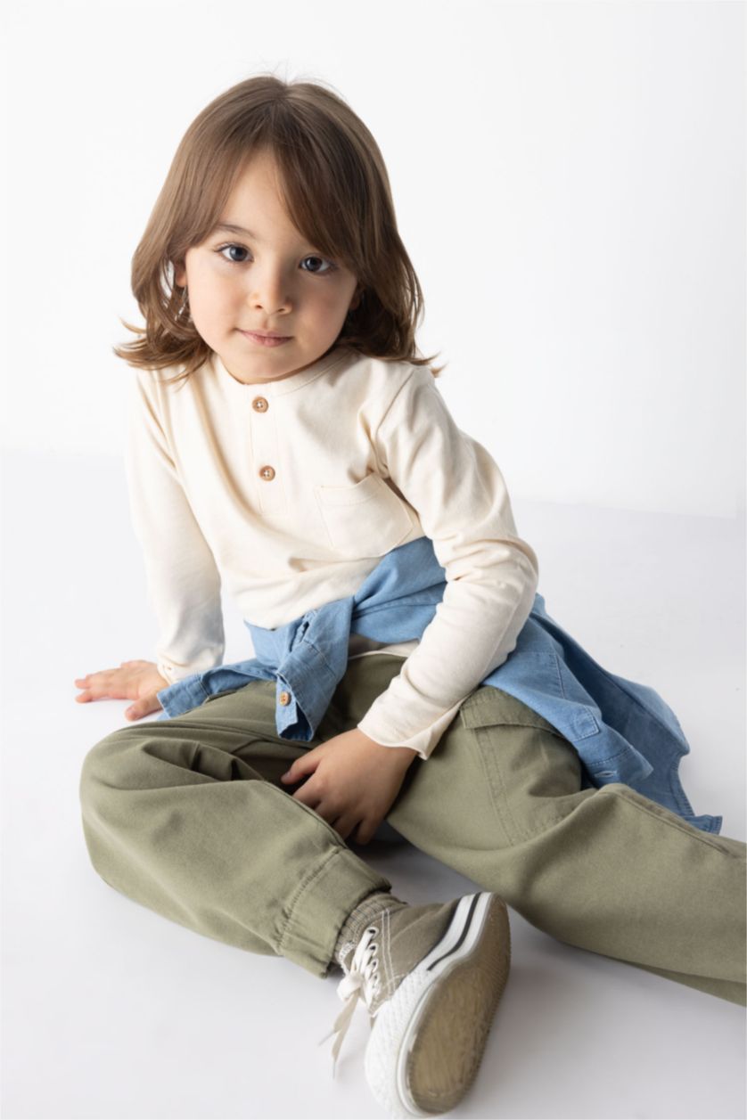 مولود ذكر حجري فاتح تيشيرت كم طويل قماش رقيق قصة عادية برقبة مستديرة