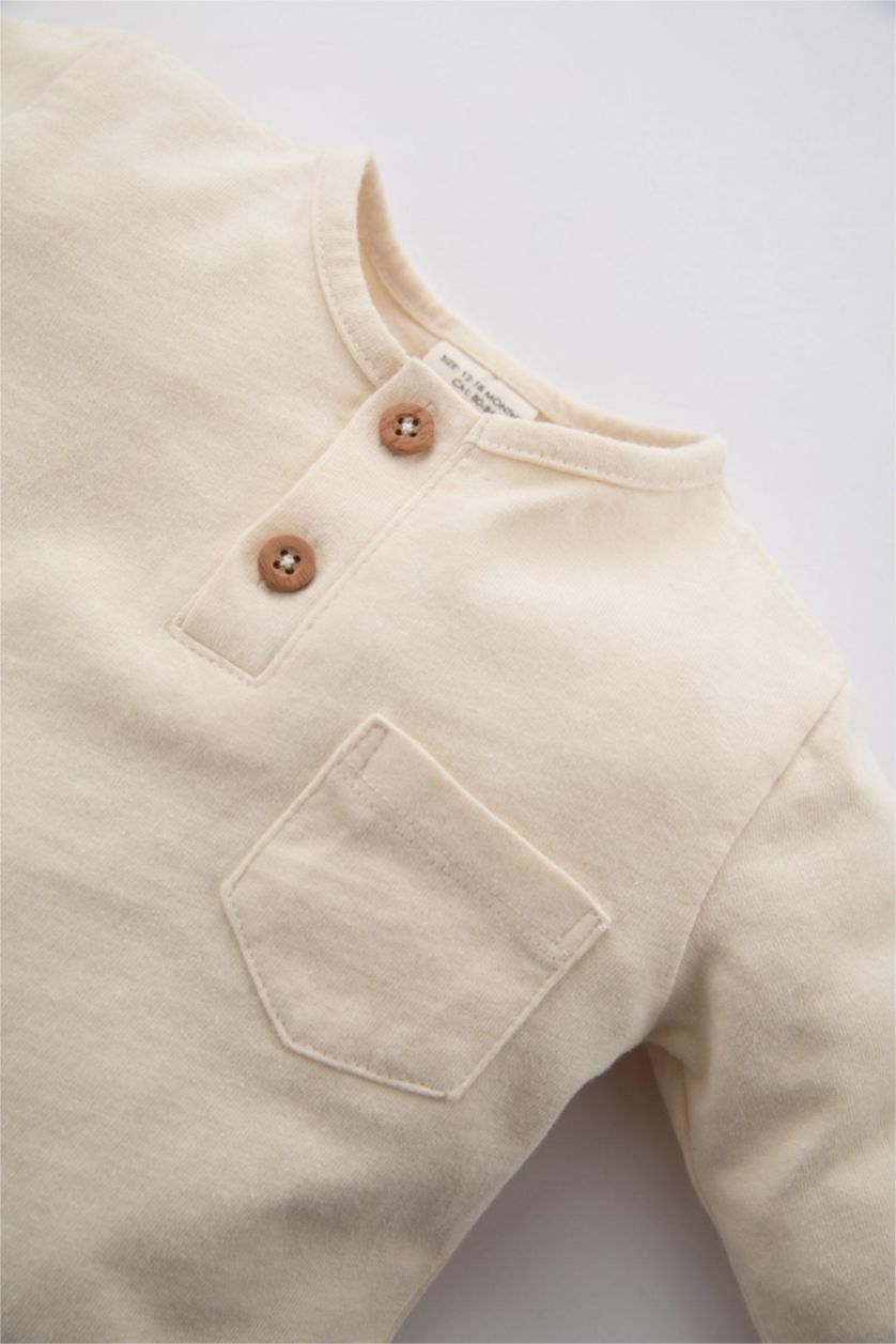 مولود ذكر حجري فاتح تيشيرت كم طويل قماش رقيق قصة عادية برقبة مستديرة