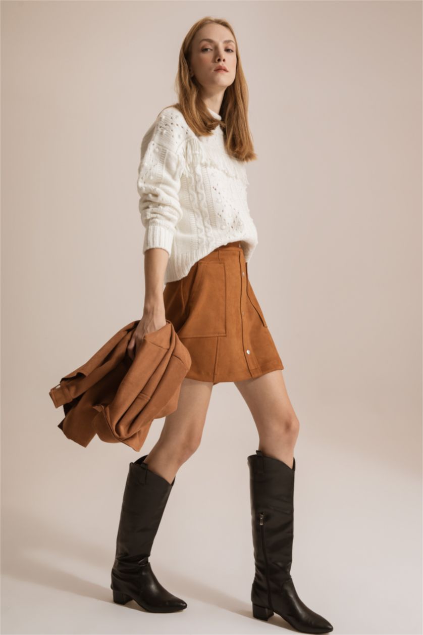 FEMME Marron Jupe En Tricot Suède Taille Normale