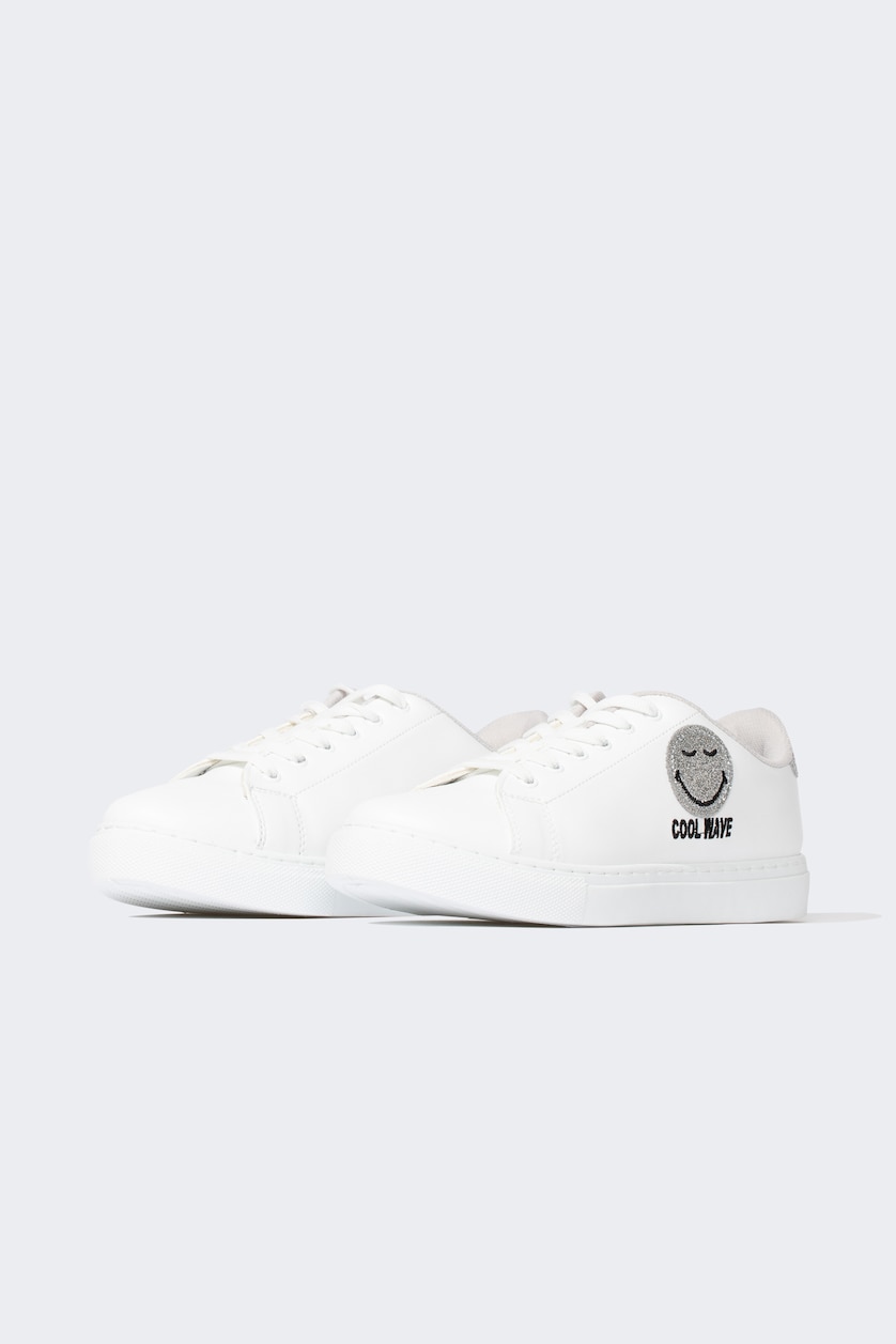 Kadın Beyaz Kadın SmileyWorld Düz Taban Bağcıklı Suni Deri Sneaker