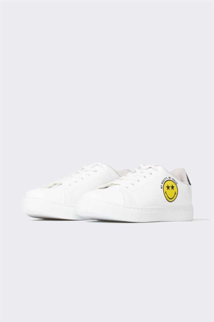 Kadın Beyaz Kadın SmileyWorld Düz Taban Suni Deri Bağcıklı Sneaker