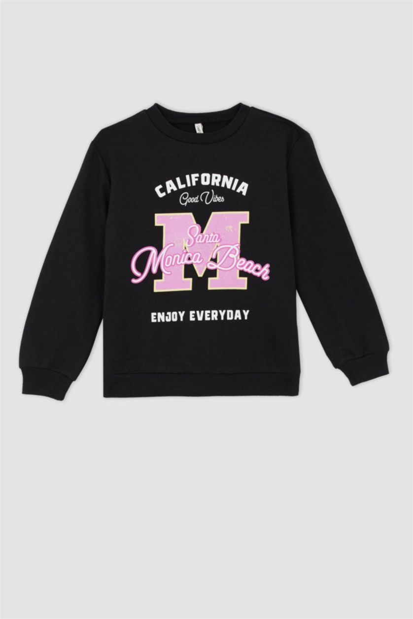 بنات أسود سويت شيرت قصة عادية بياقة مستديرة