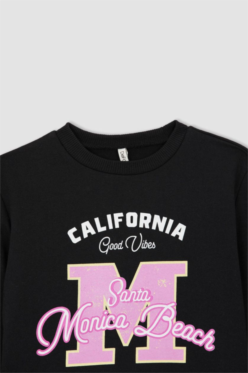 بنات أسود سويت شيرت قصة عادية بياقة مستديرة