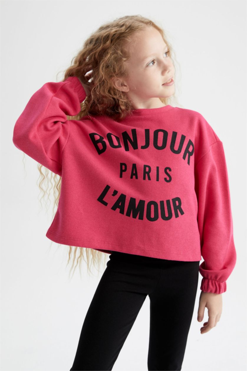 بنات زهري سويت شيرت من قماش ثيسالونيكي بقصة قصيرة ياقة مستديرة