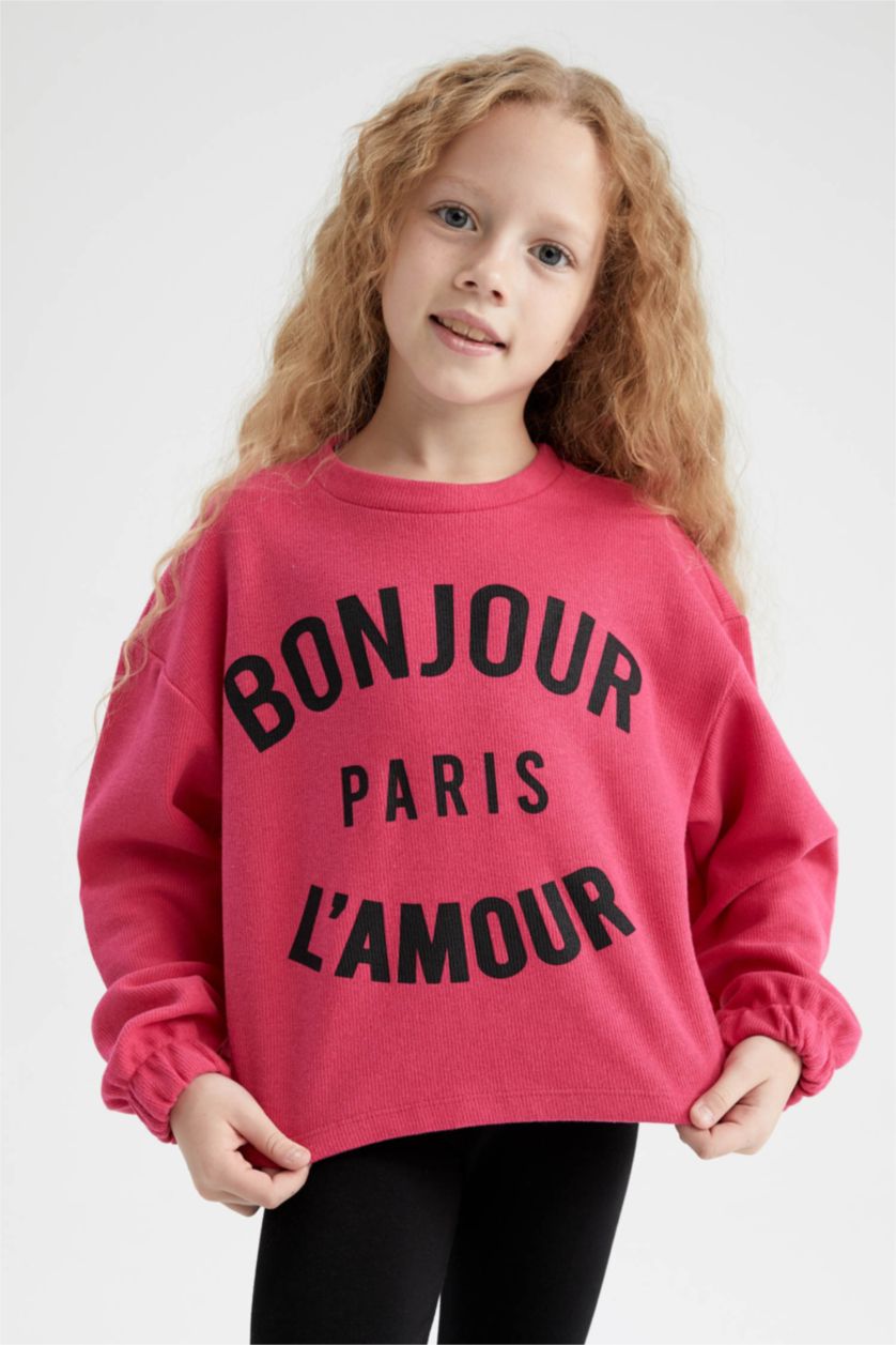 بنات زهري سويت شيرت من قماش ثيسالونيكي بقصة قصيرة ياقة مستديرة