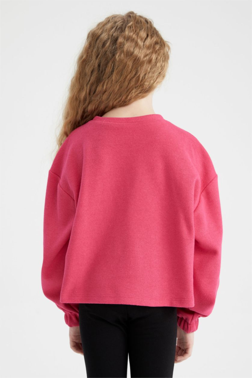 بنات زهري سويت شيرت من قماش ثيسالونيكي بقصة قصيرة ياقة مستديرة