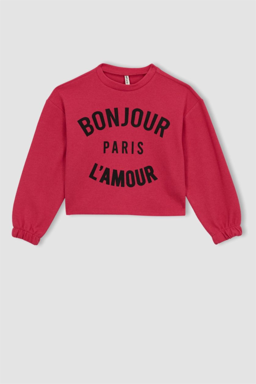 بنات زهري سويت شيرت من قماش ثيسالونيكي بقصة قصيرة ياقة مستديرة