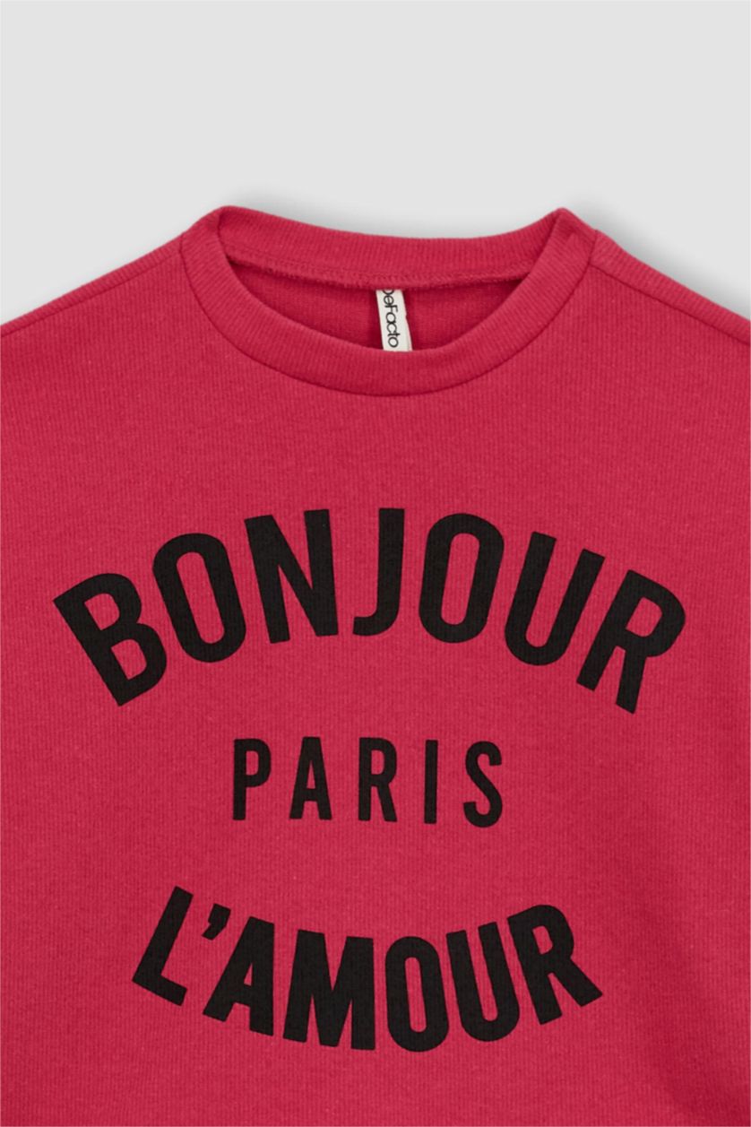 بنات زهري سويت شيرت من قماش ثيسالونيكي بقصة قصيرة ياقة مستديرة