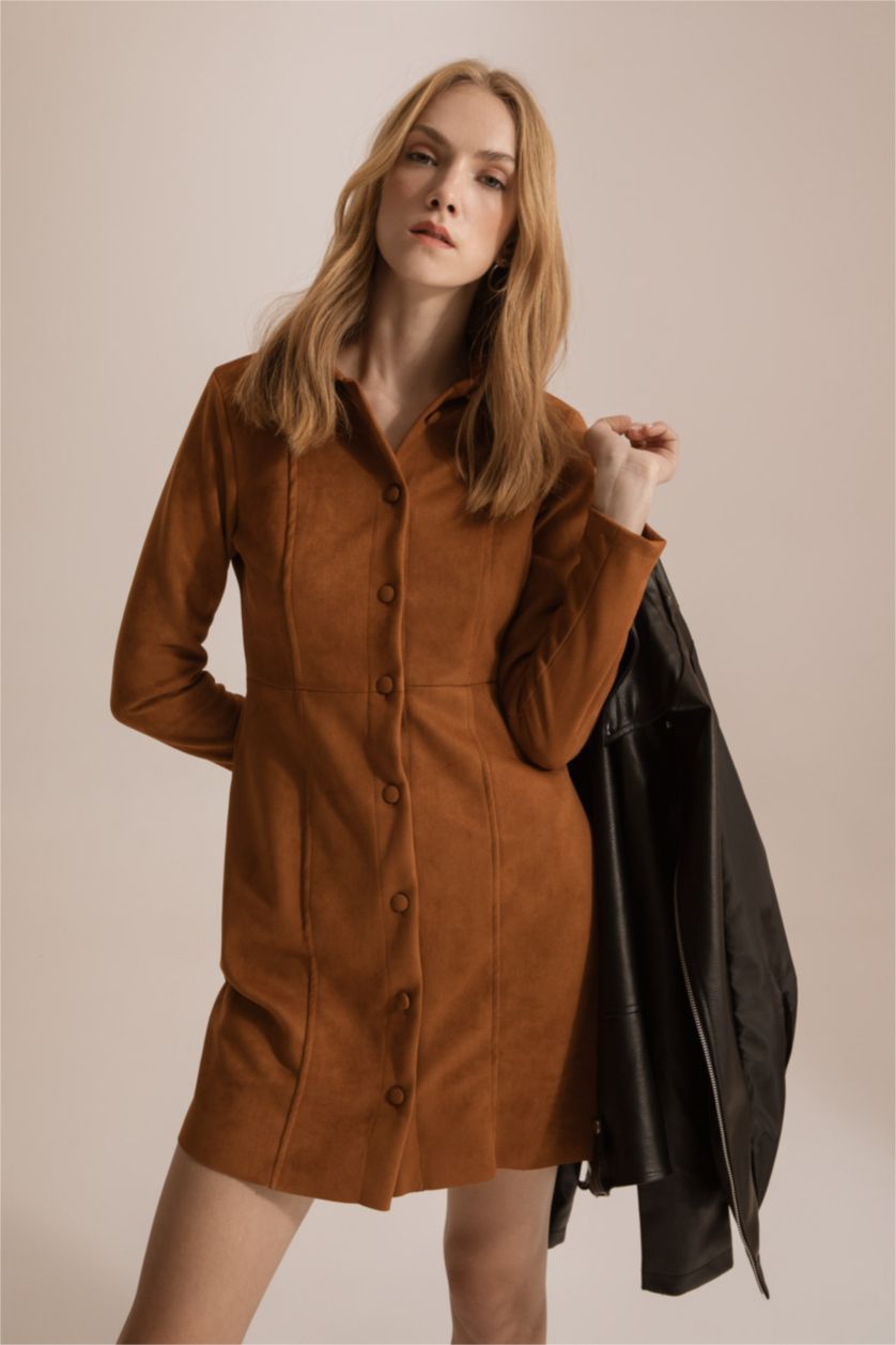 knee length dresses for ladies Gold Rush Brown Faux Suede Long Sleeve Gold Detail Mini Dress