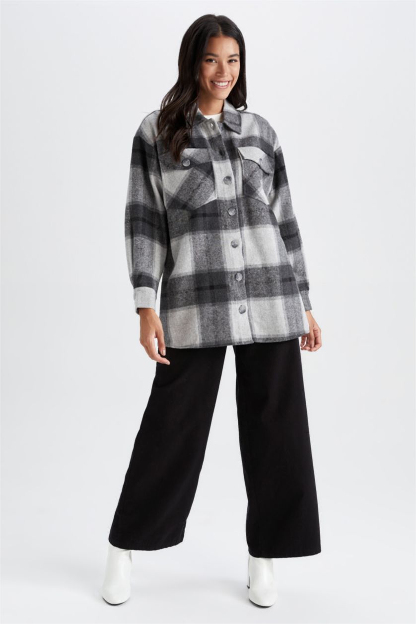 FEMME Gris Clair Tunique À Manches Longues Flanelle Coupe décontractée Carreaux