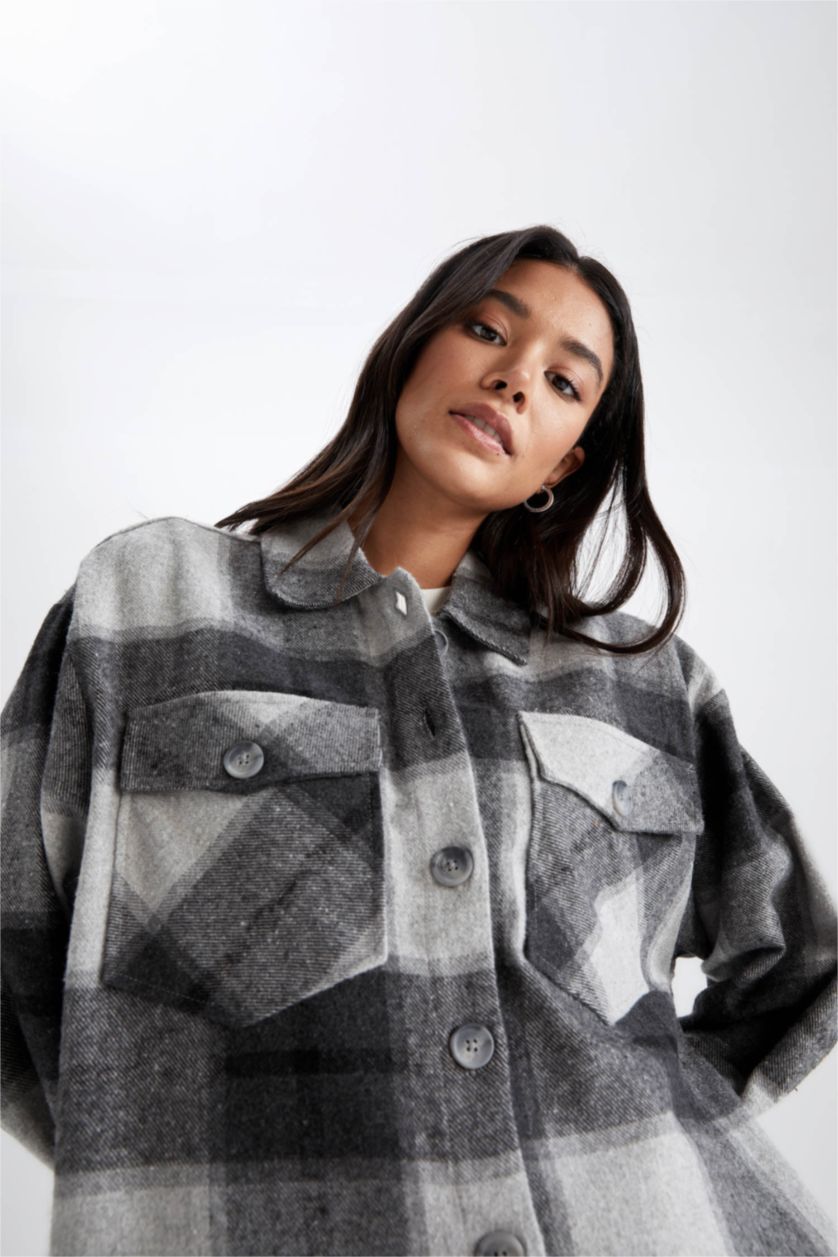 FEMME Gris Clair Tunique À Manches Longues Flanelle Coupe décontractée Carreaux