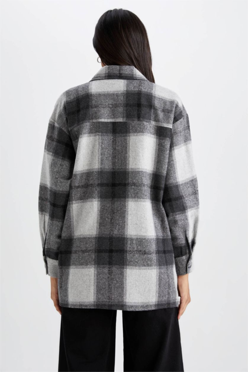 FEMME Gris Clair Tunique À Manches Longues Flanelle Coupe décontractée Carreaux