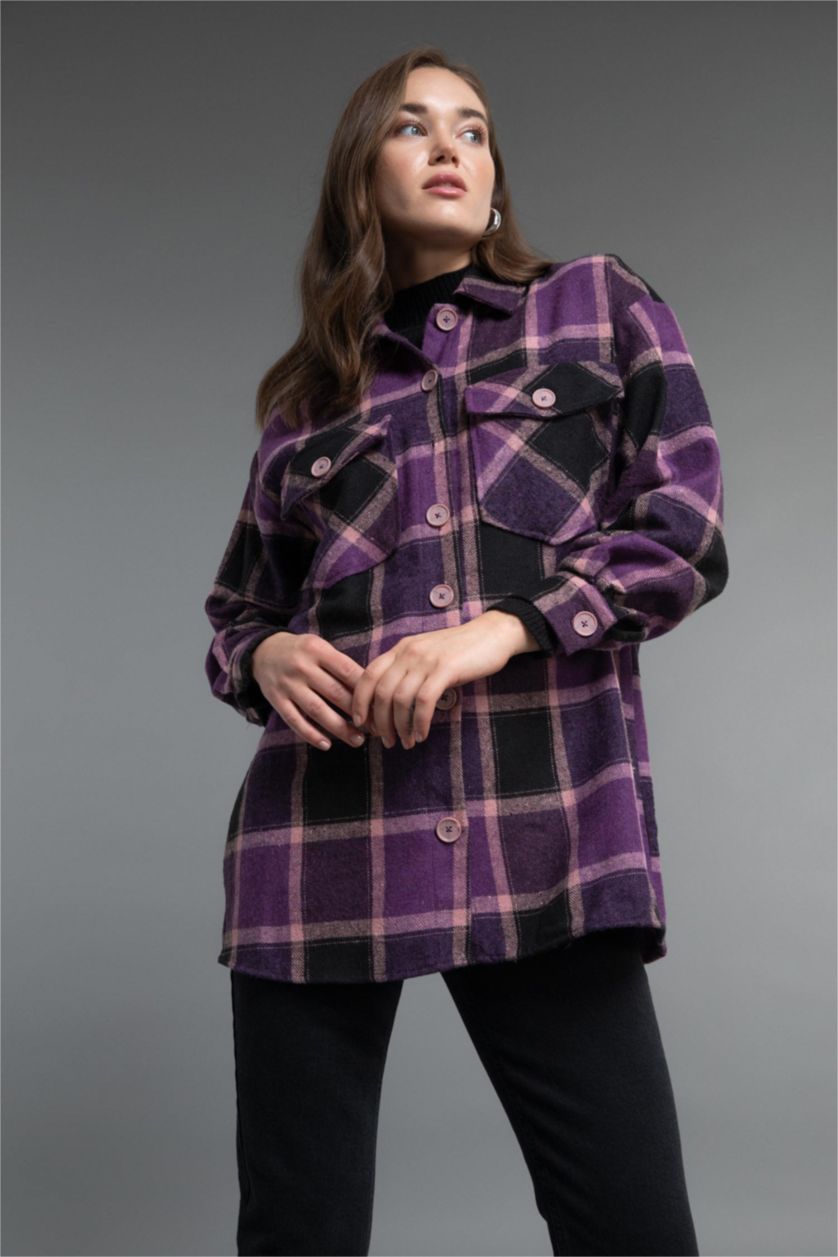 FEMME Violet Tunique À Manches Longues Flanelle Coupe décontractée Carreaux