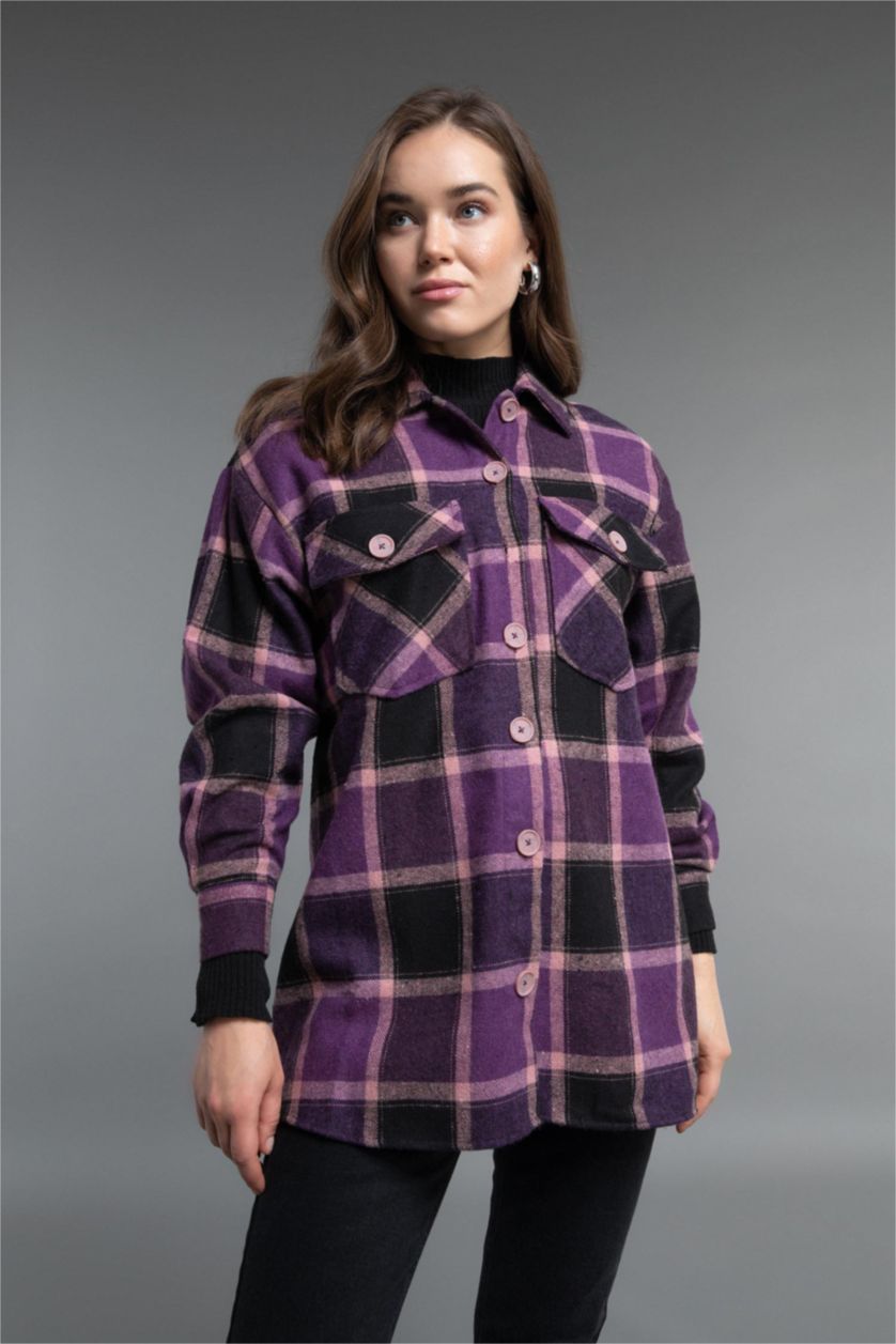 FEMME Violet Tunique À Manches Longues Flanelle Coupe décontractée Carreaux