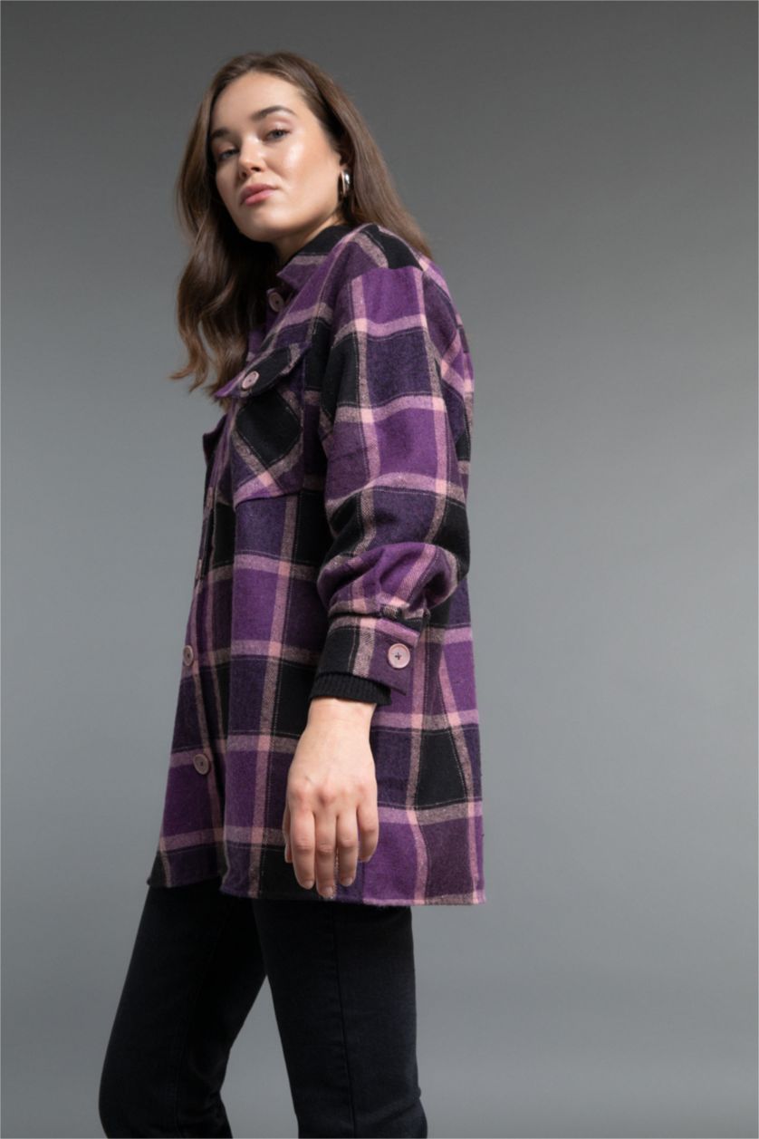 FEMME Violet Tunique À Manches Longues Flanelle Coupe décontractée Carreaux