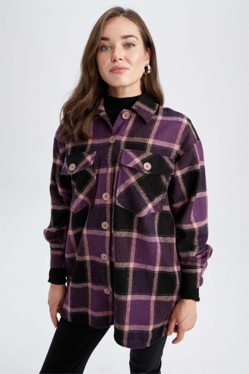 FEMME Violet Tunique À Manches Longues Flanelle Coupe décontractée Carreaux