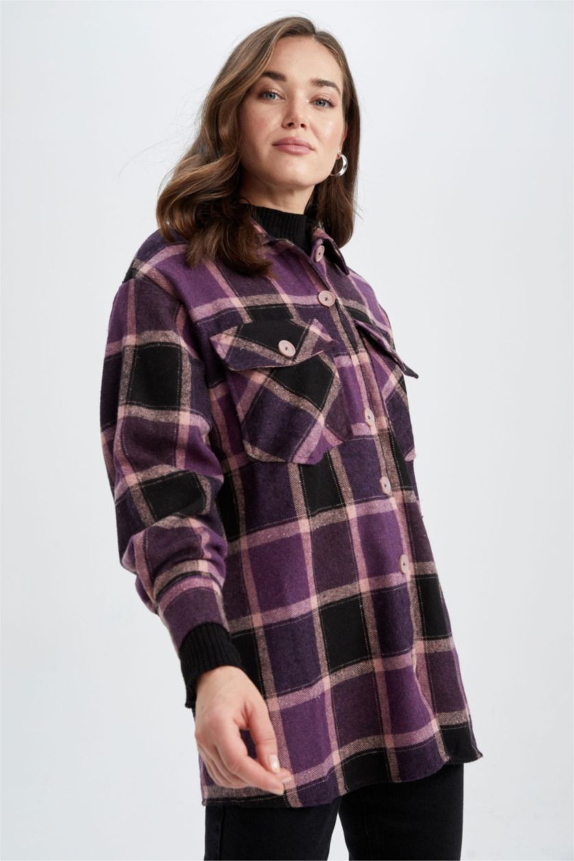 FEMME Violet Tunique À Manches Longues Flanelle Coupe décontractée Carreaux