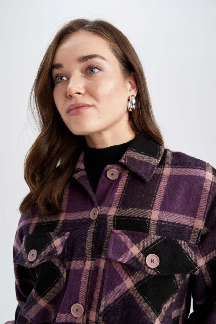 FEMME Violet Tunique À Manches Longues Flanelle Coupe décontractée Carreaux