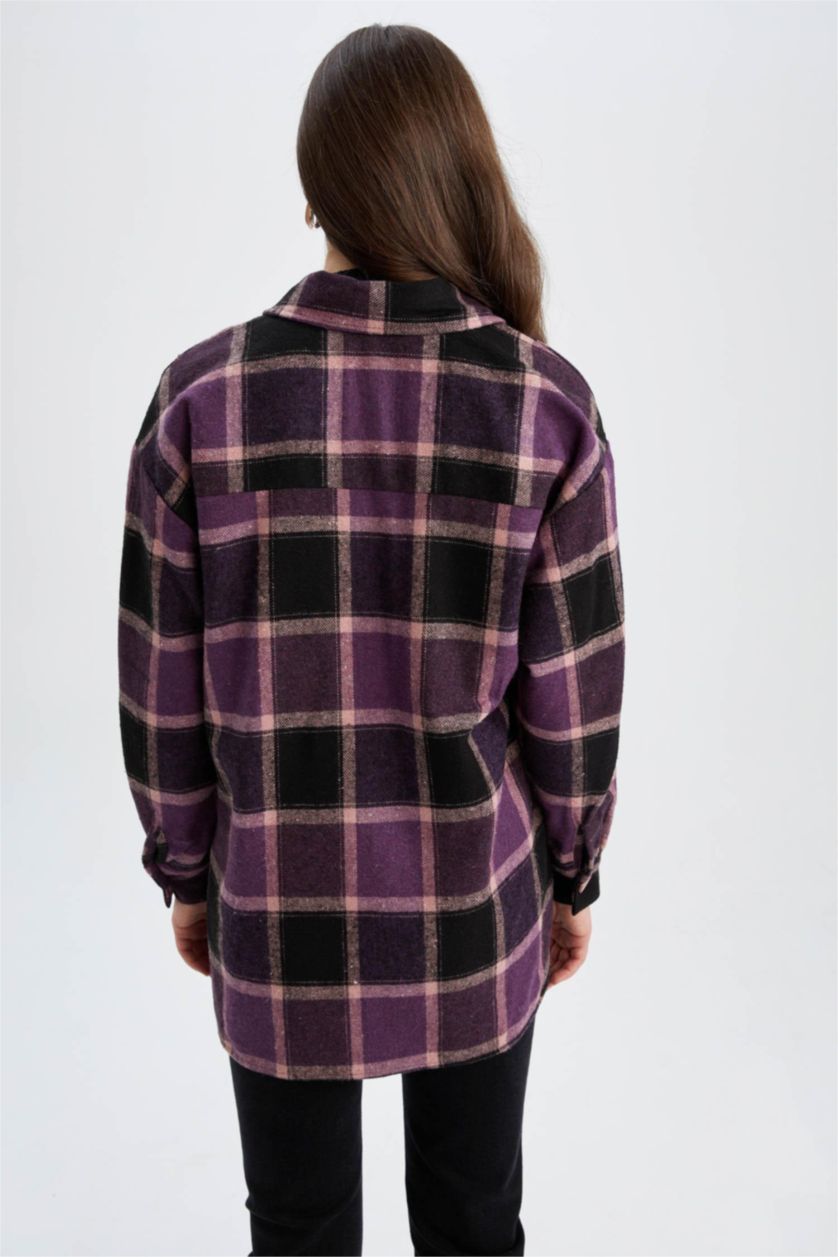 FEMME Violet Tunique À Manches Longues Flanelle Coupe décontractée Carreaux