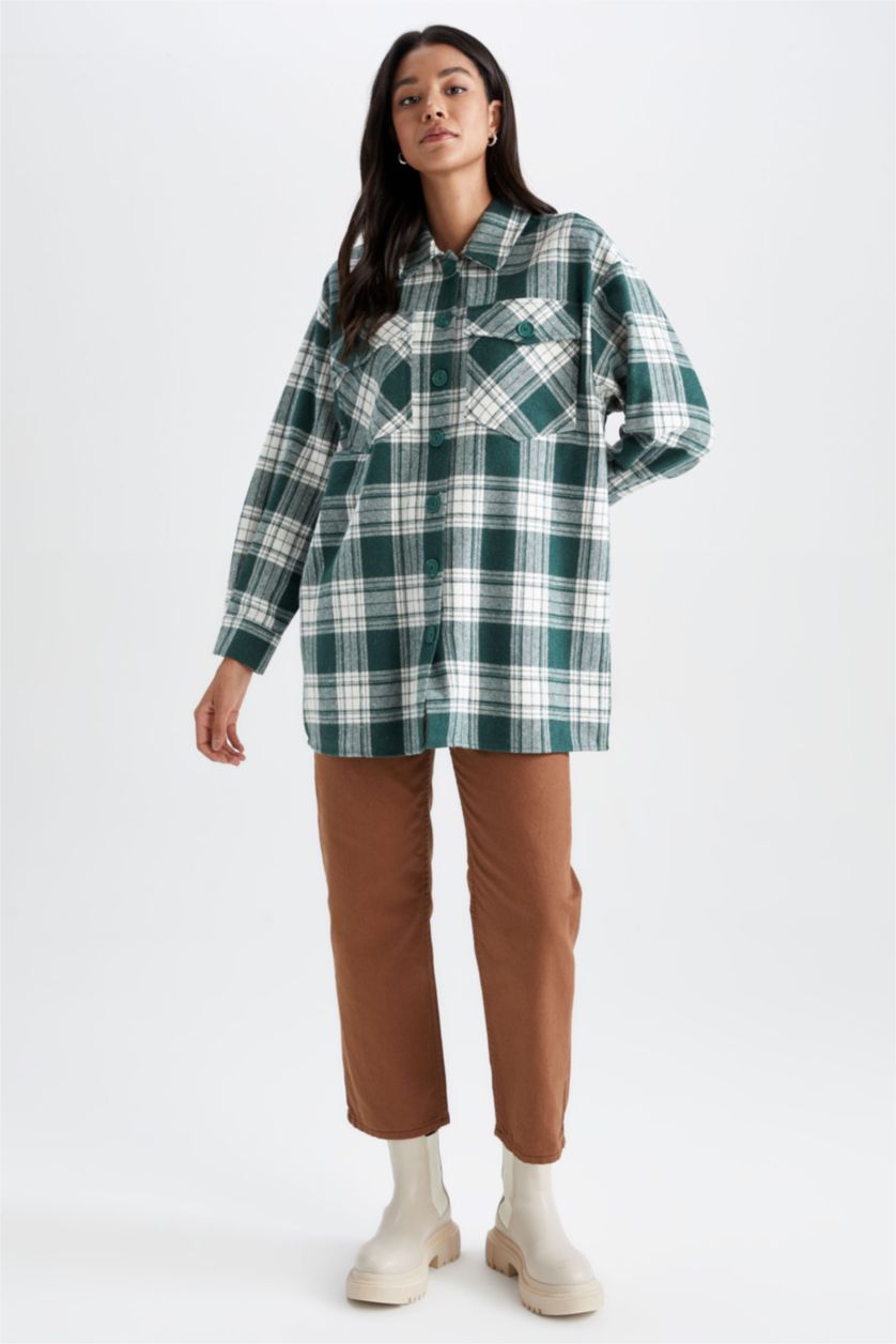 FEMME Vert Tunique À Manches Longues Flanelle Coupe décontractée Carreaux