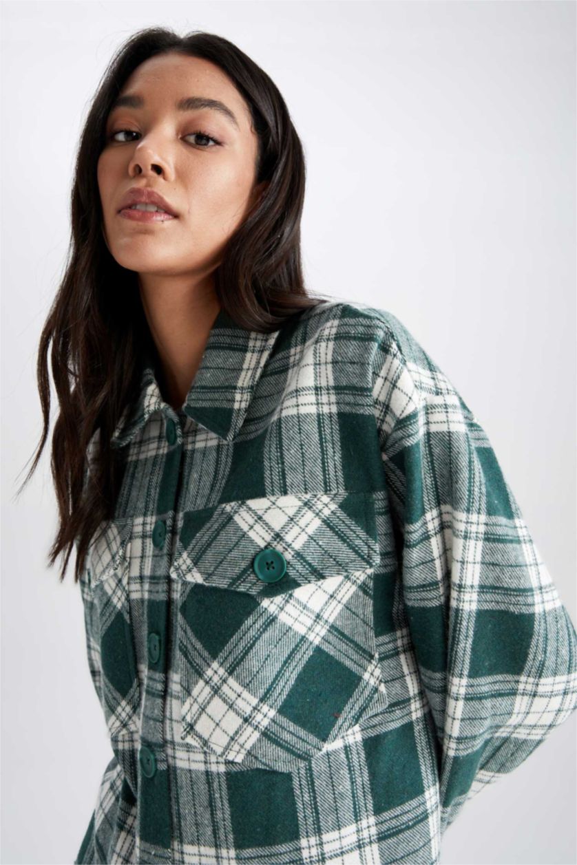 FEMME Vert Tunique À Manches Longues Flanelle Coupe décontractée Carreaux