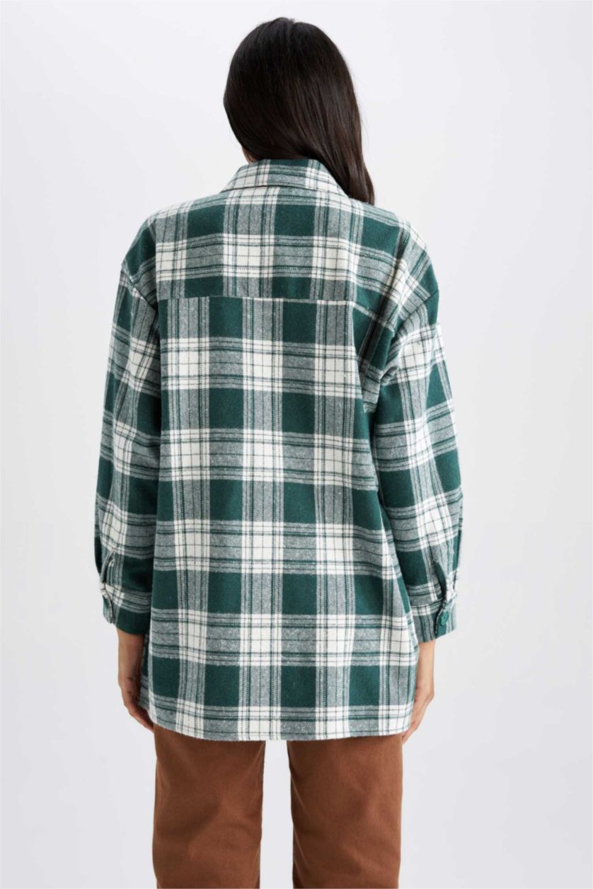 FEMME Vert Tunique À Manches Longues Flanelle Coupe décontractée Carreaux