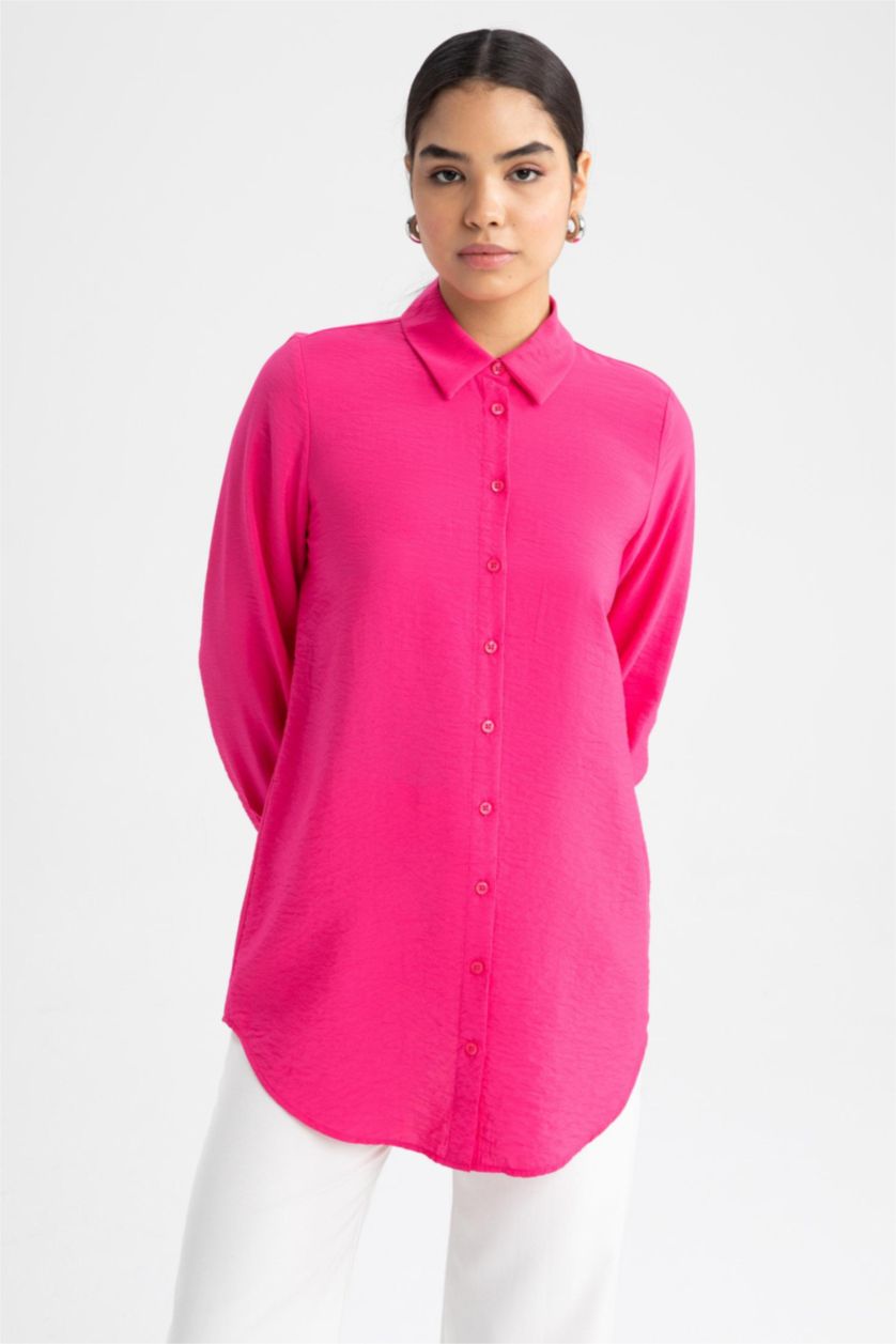 WOMAN Pink Relax Fit Shirt Collar Long Sleeve Tunic