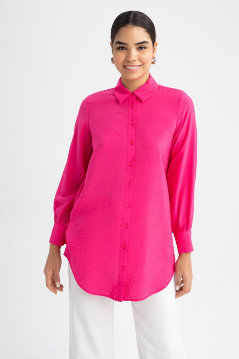 WOMAN Pink Relax Fit Shirt Collar Long Sleeve Tunic