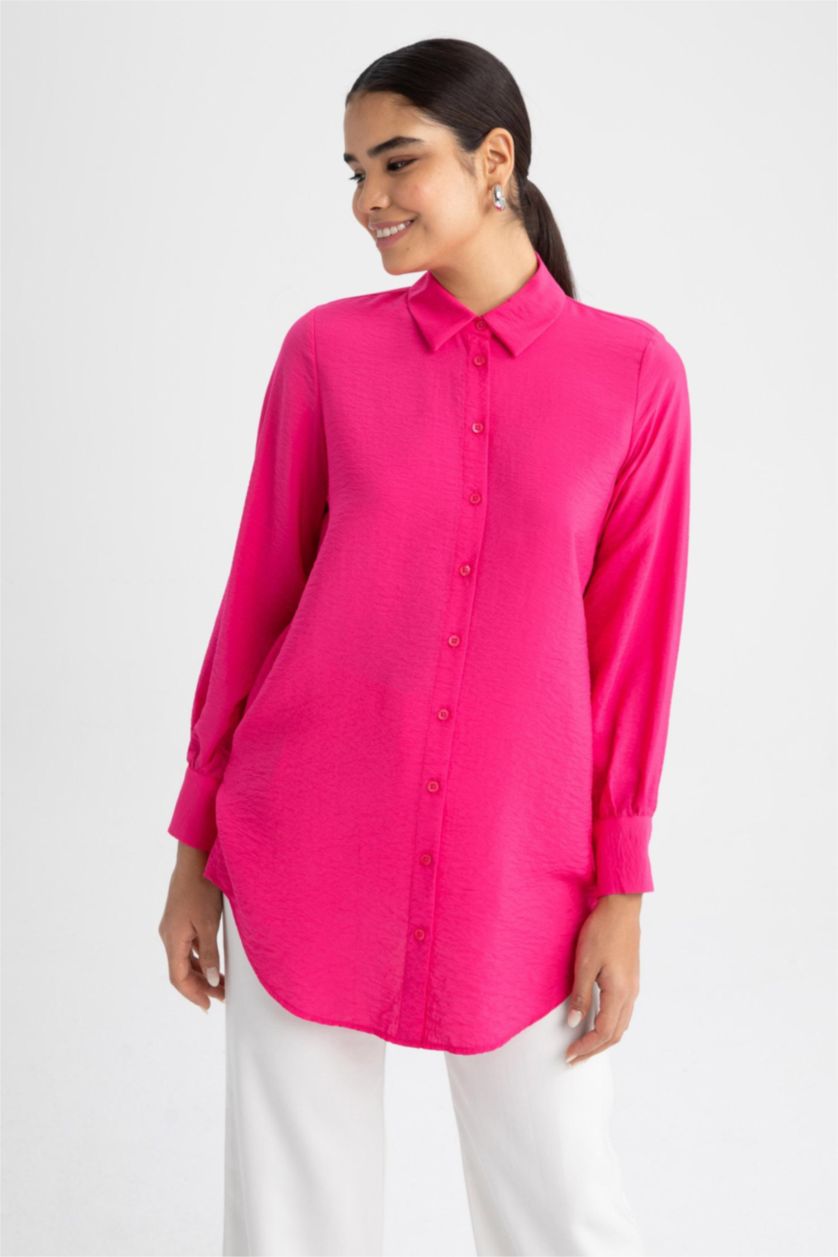 WOMAN Pink Relax Fit Shirt Collar Long Sleeve Tunic