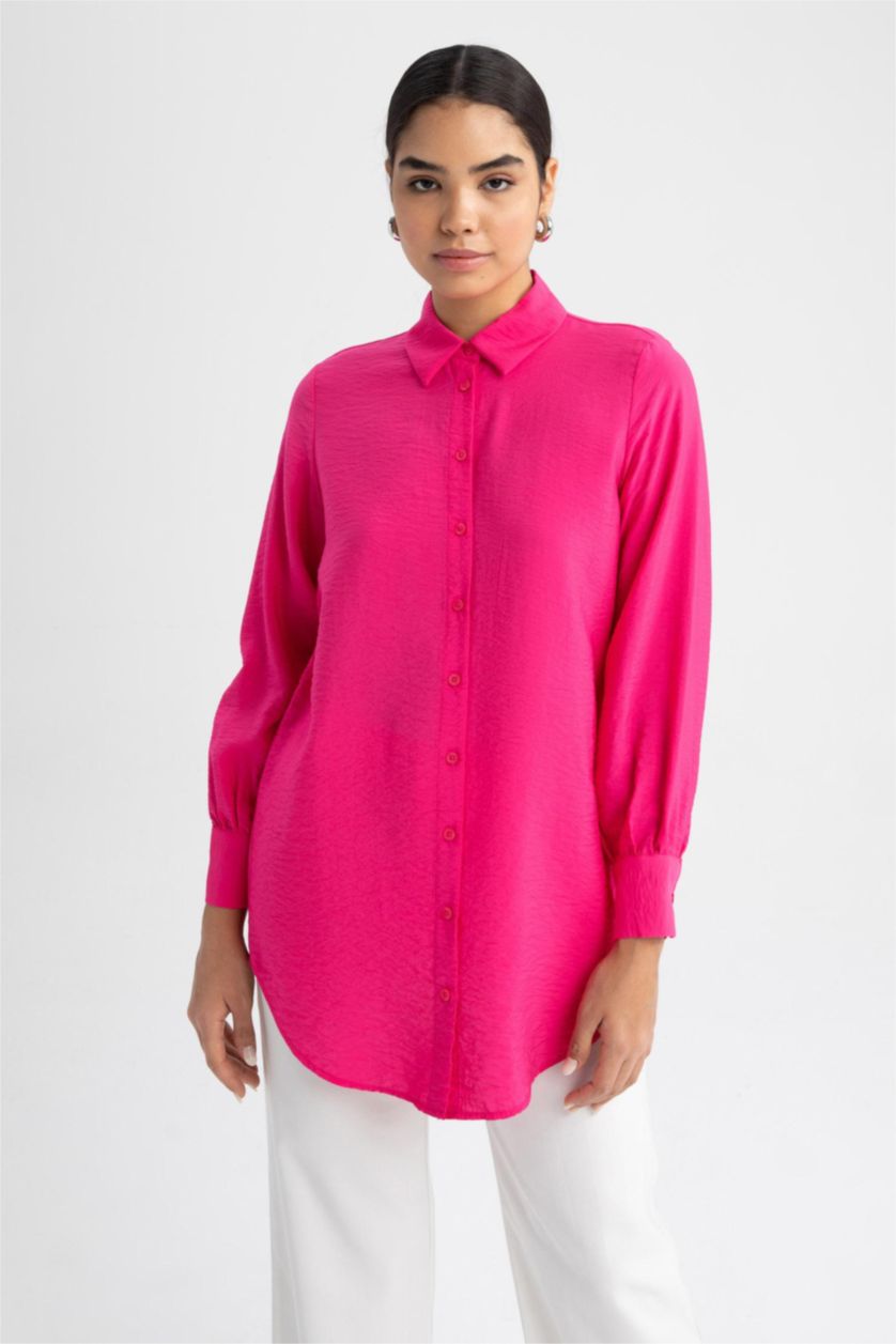 WOMAN Pink Relax Fit Shirt Collar Long Sleeve Tunic