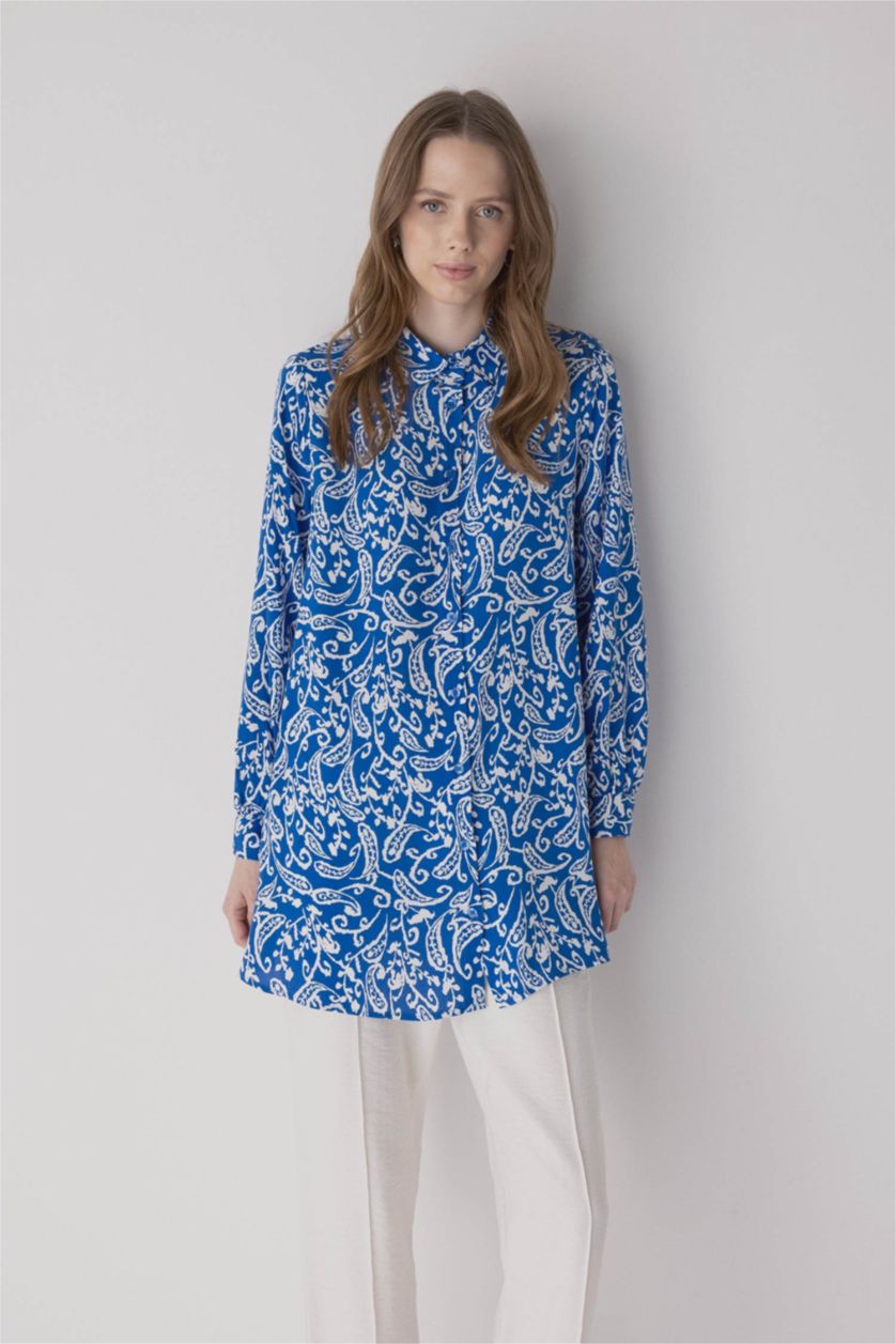 FEMME Bleu Tunique À Manches Longues Coupe Régulière Imprimé Col De Chemise