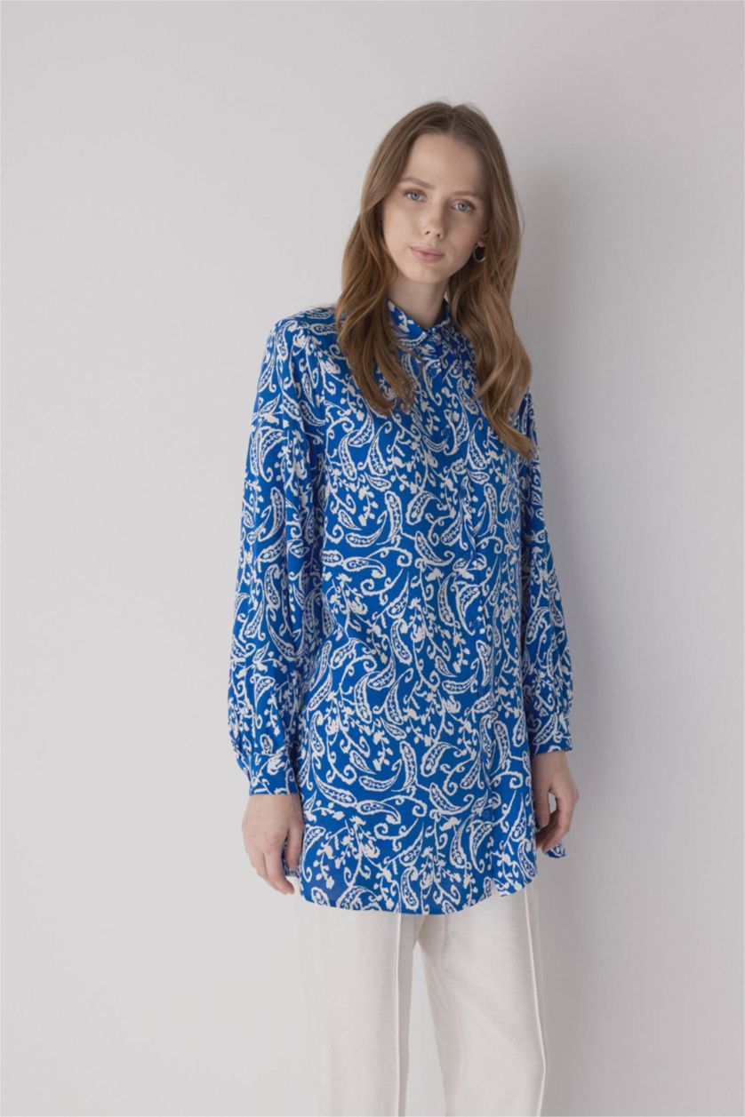 FEMME Bleu Tunique À Manches Longues Coupe Régulière Imprimé Col De Chemise