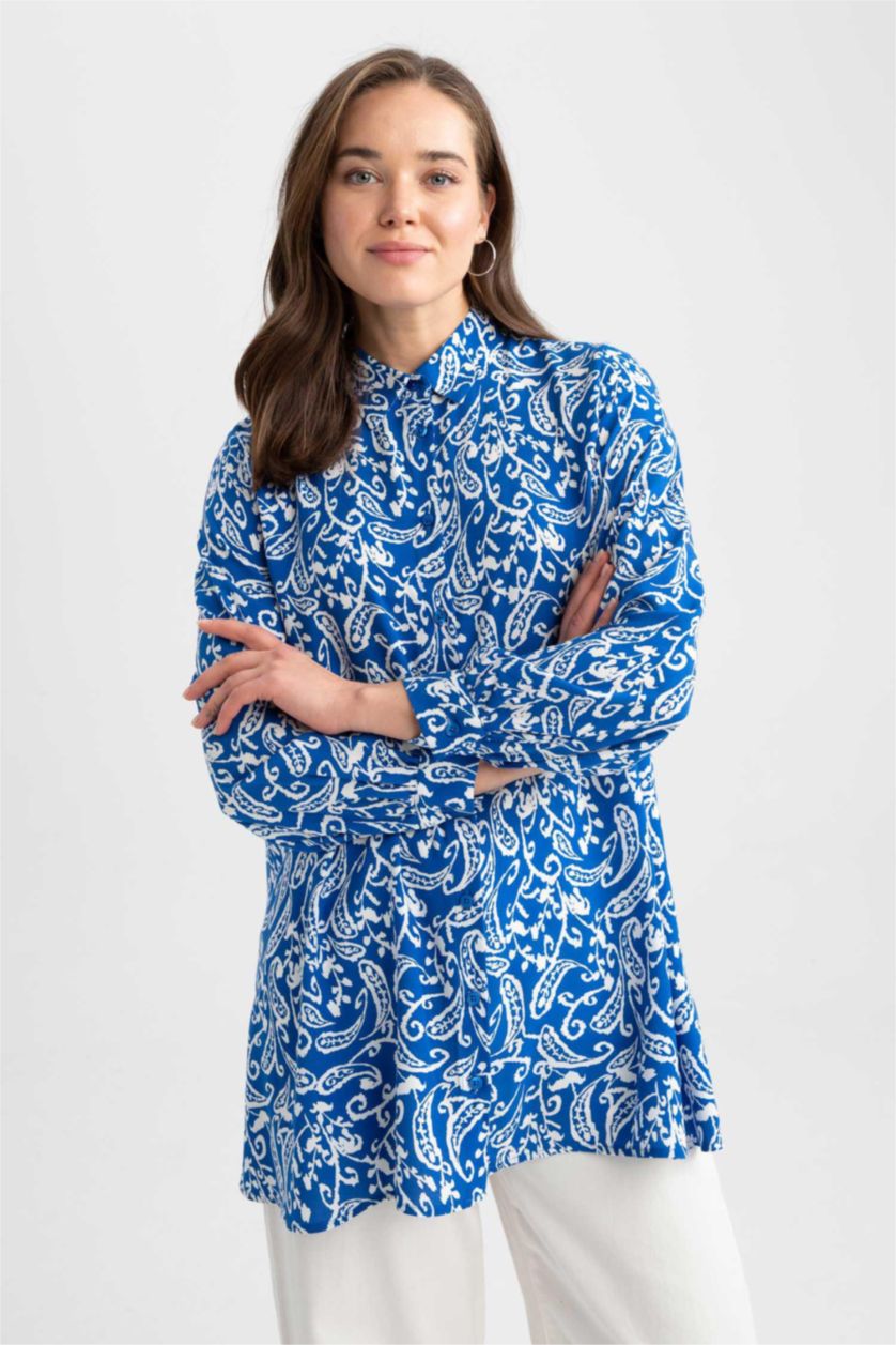 FEMME Bleu Tunique À Manches Longues Coupe Régulière Imprimé Col De Chemise