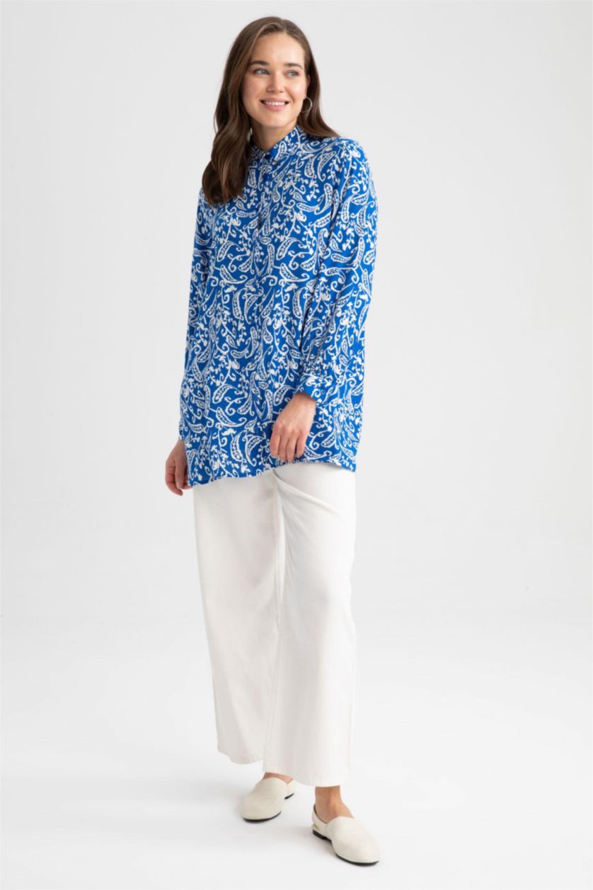 FEMME Bleu Tunique À Manches Longues Coupe Régulière Imprimé Col De Chemise