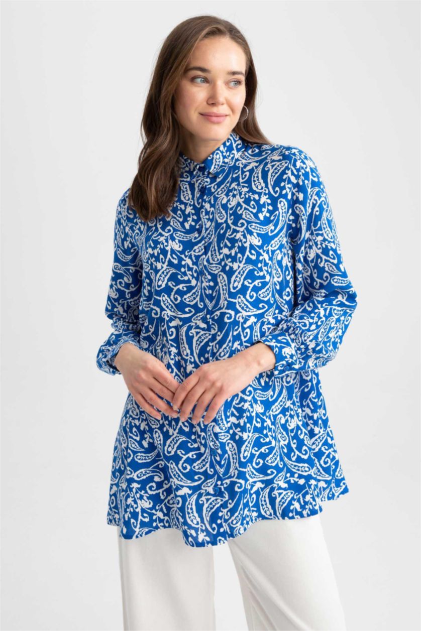 FEMME Bleu Tunique À Manches Longues Coupe Régulière Imprimé Col De Chemise