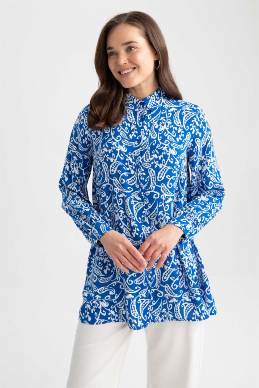 FEMME Bleu Tunique À Manches Longues Coupe Régulière Imprimé Col De Chemise