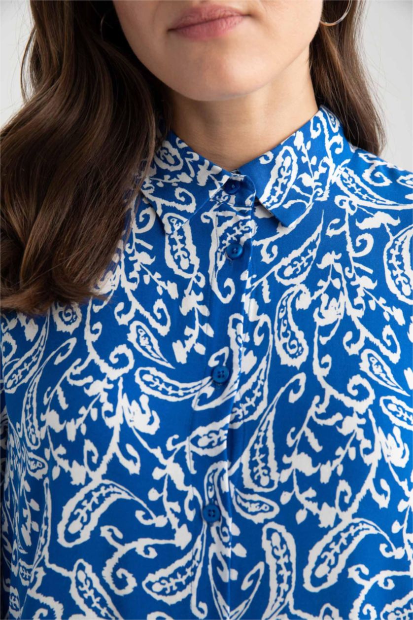 FEMME Bleu Tunique À Manches Longues Coupe Régulière Imprimé Col De Chemise