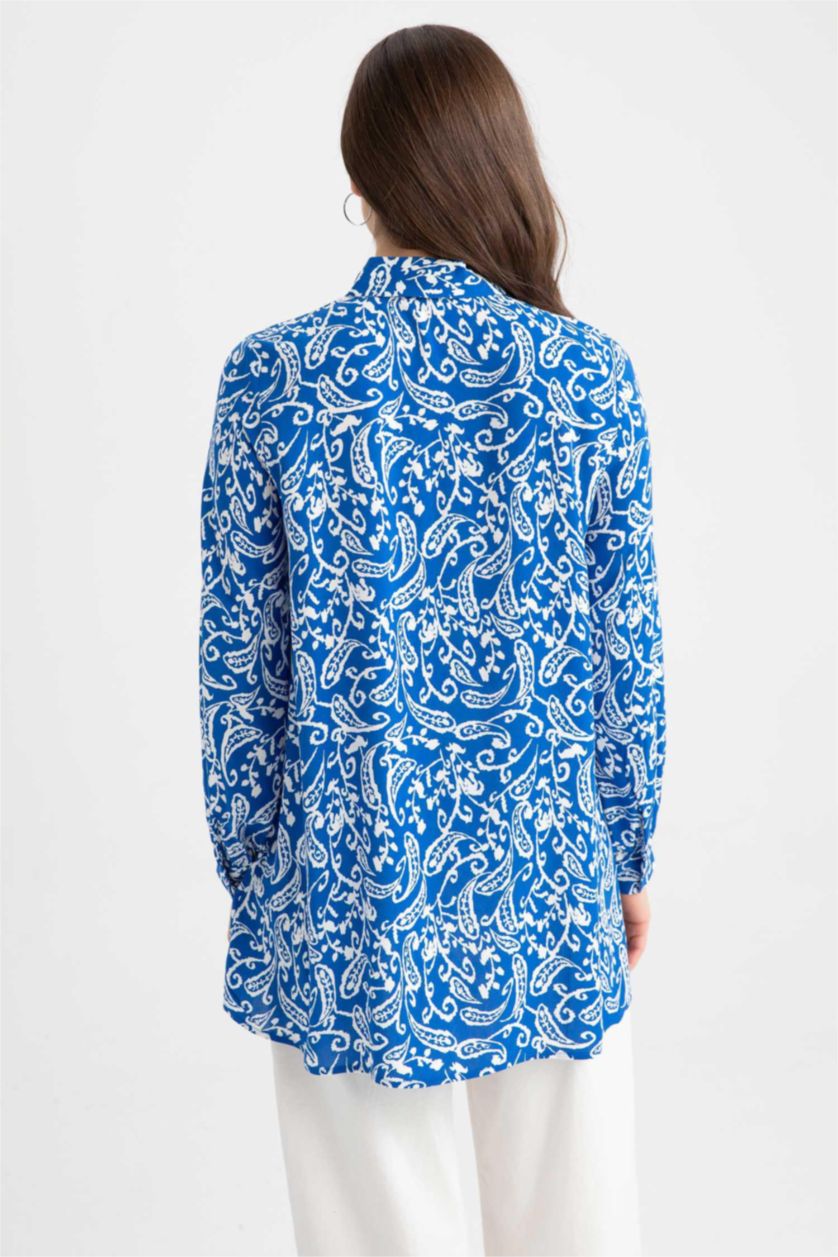 FEMME Bleu Tunique À Manches Longues Coupe Régulière Imprimé Col De Chemise