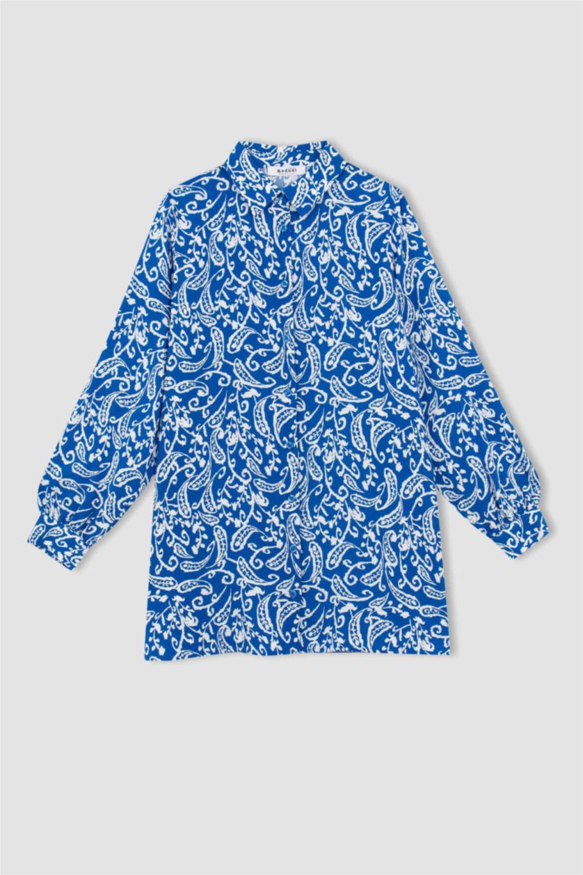 FEMME Bleu Tunique À Manches Longues Coupe Régulière Imprimé Col De Chemise