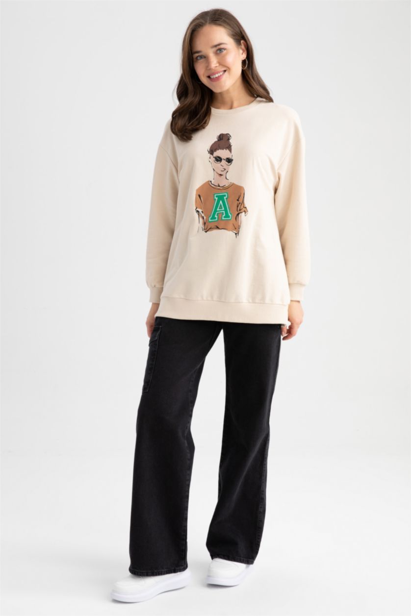 FEMME Beige Tunique Molletonnée İmprimée À Col Ras Du Cou Et Coupe Décontractée