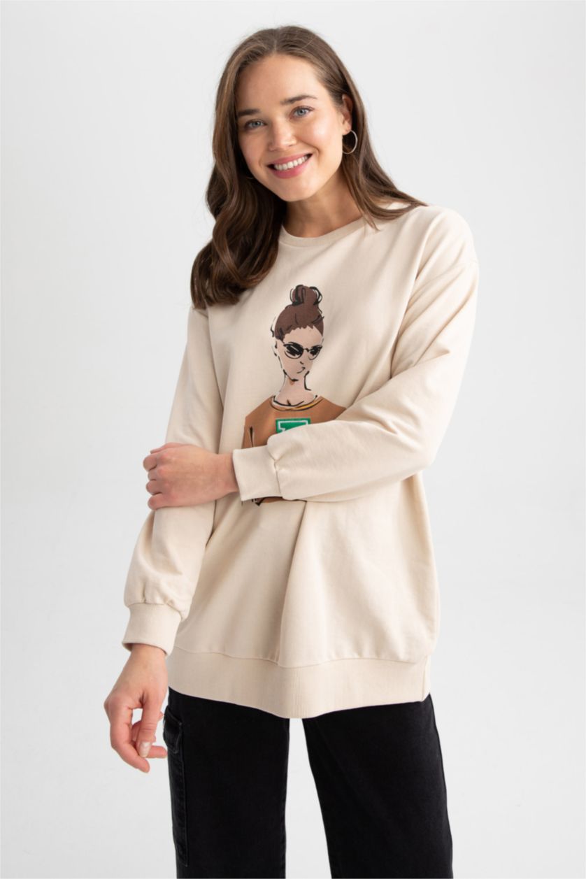 FEMME Beige Tunique Molletonnée İmprimée À Col Ras Du Cou Et Coupe Décontractée